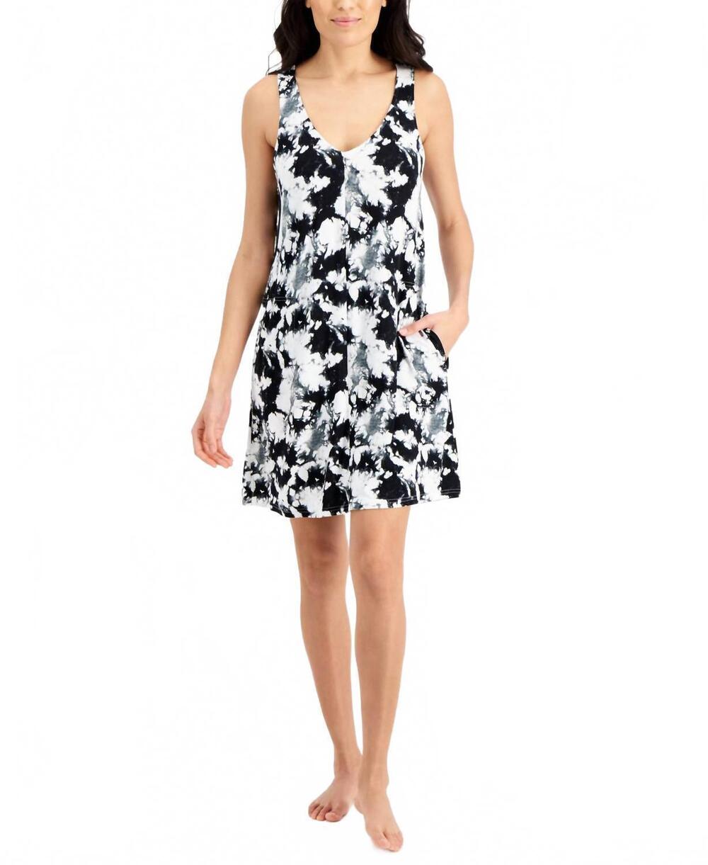 NEW JENNI BY JENNIFER MOORE printed tank chemise nightgown in black/white tie dy
